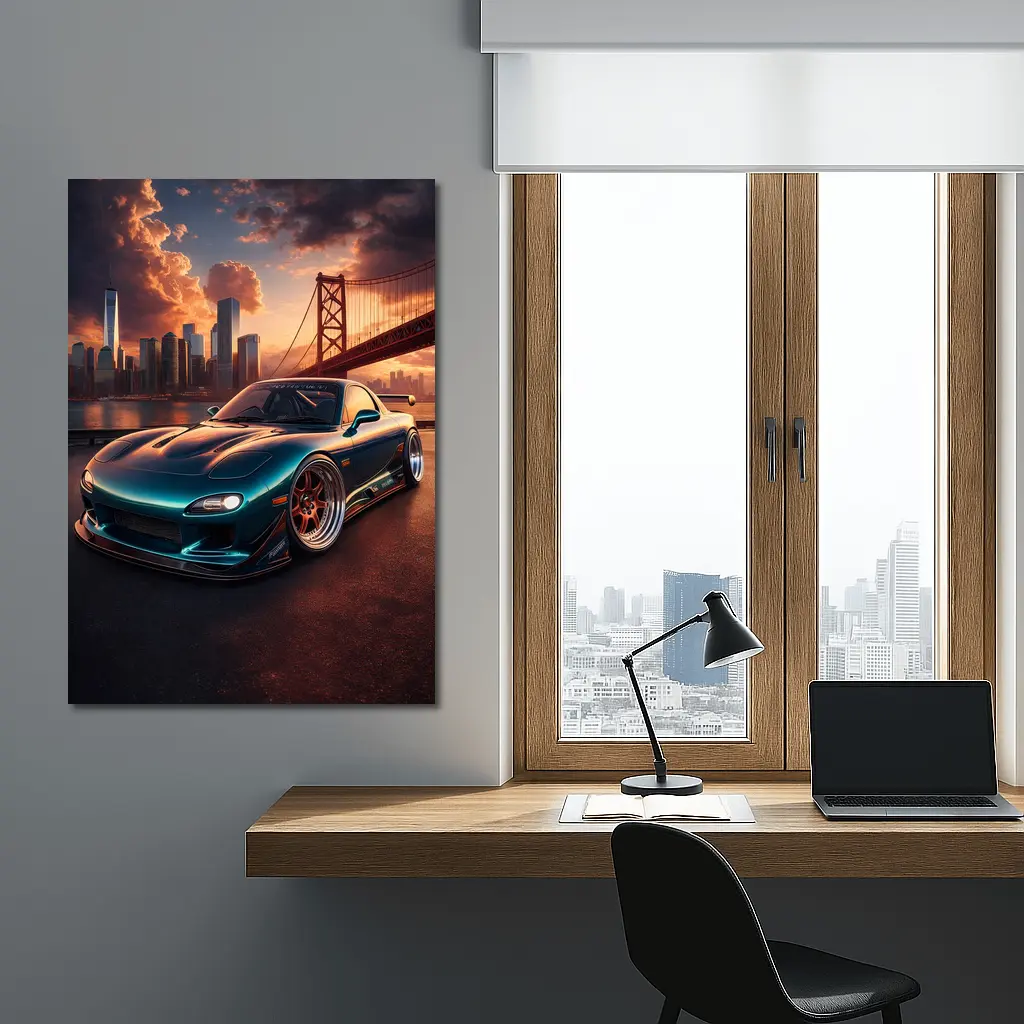 Mazda RX7 Teal Widebody City Bridge Sunset – Wall Art