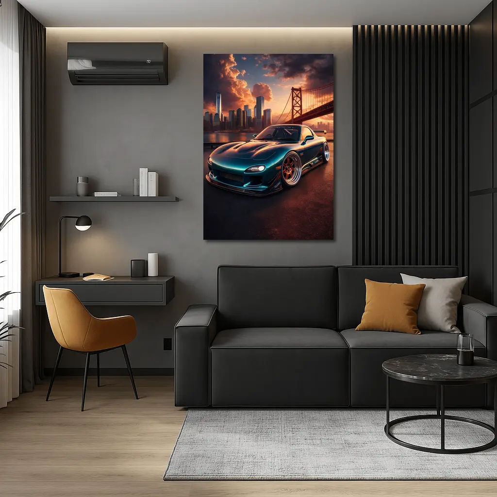 Mazda RX7 Teal Widebody City Bridge Sunset – Wall Art