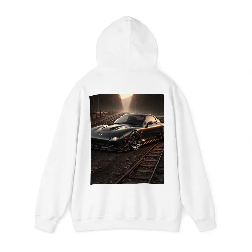 Mazda RX7 Black Car on Railroad Tracks – Hoodies
