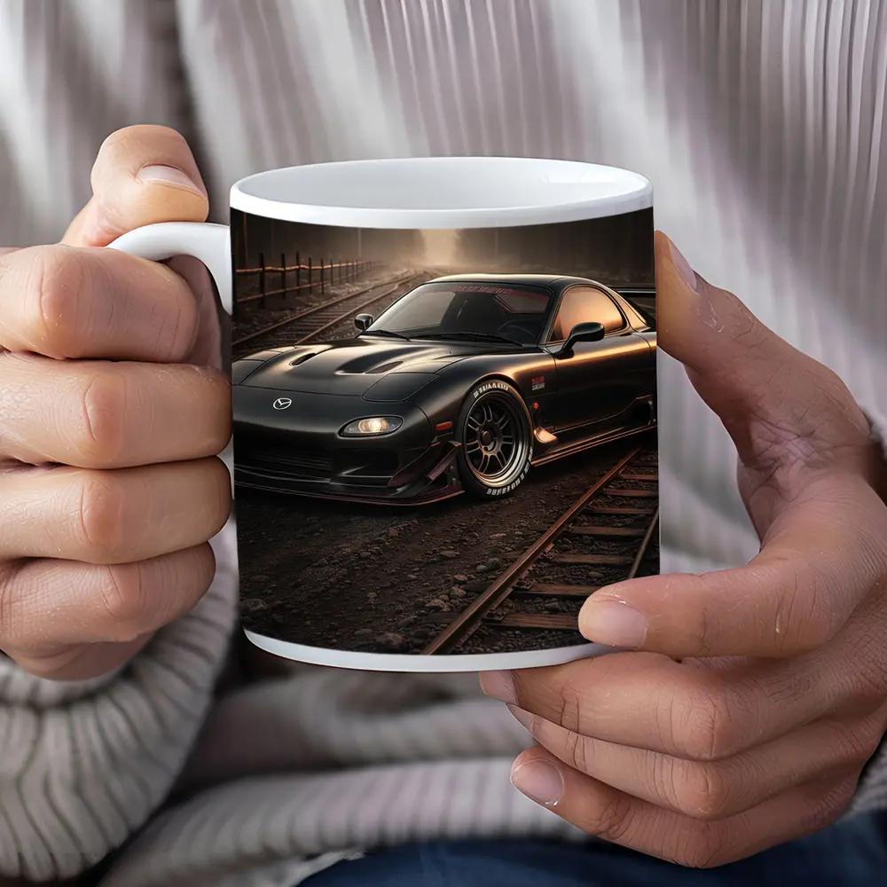 Mazda RX7 Black Car on Railroad Tracks – Mugs