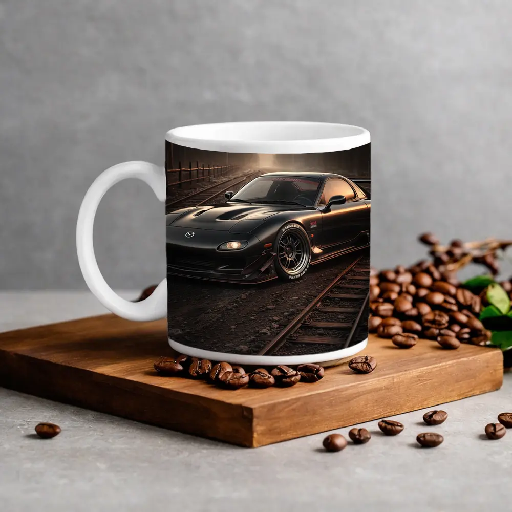 Mazda RX7 Black Car on Railroad Tracks – Mugs
