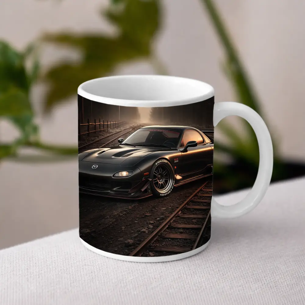Mazda RX7 Black Car on Railroad Tracks – Mugs