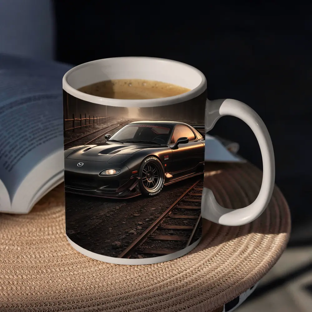 Mazda RX7 Black Car on Railroad Tracks – Mugs