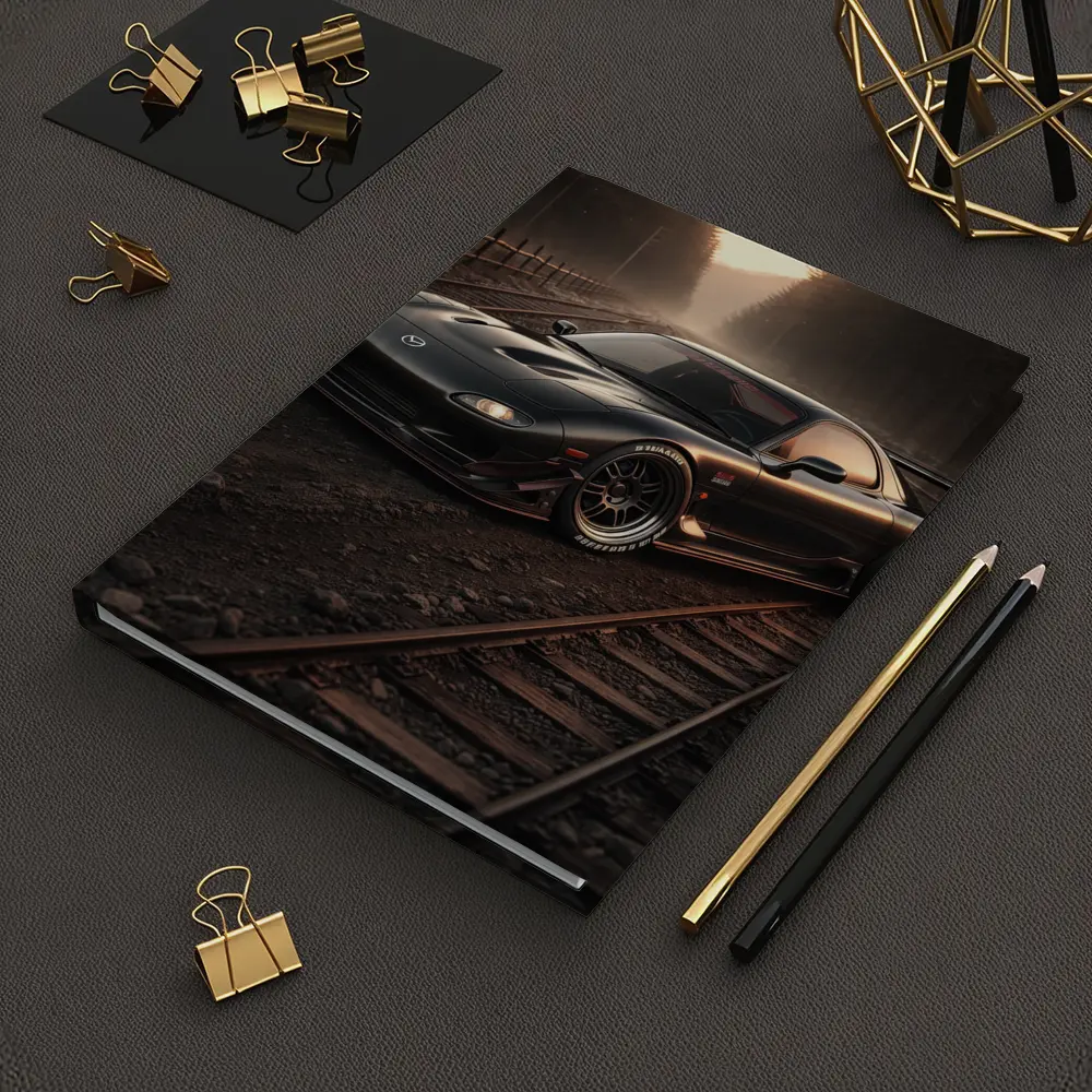 Mazda RX7 Black Car on Railroad Tracks – Notebooks