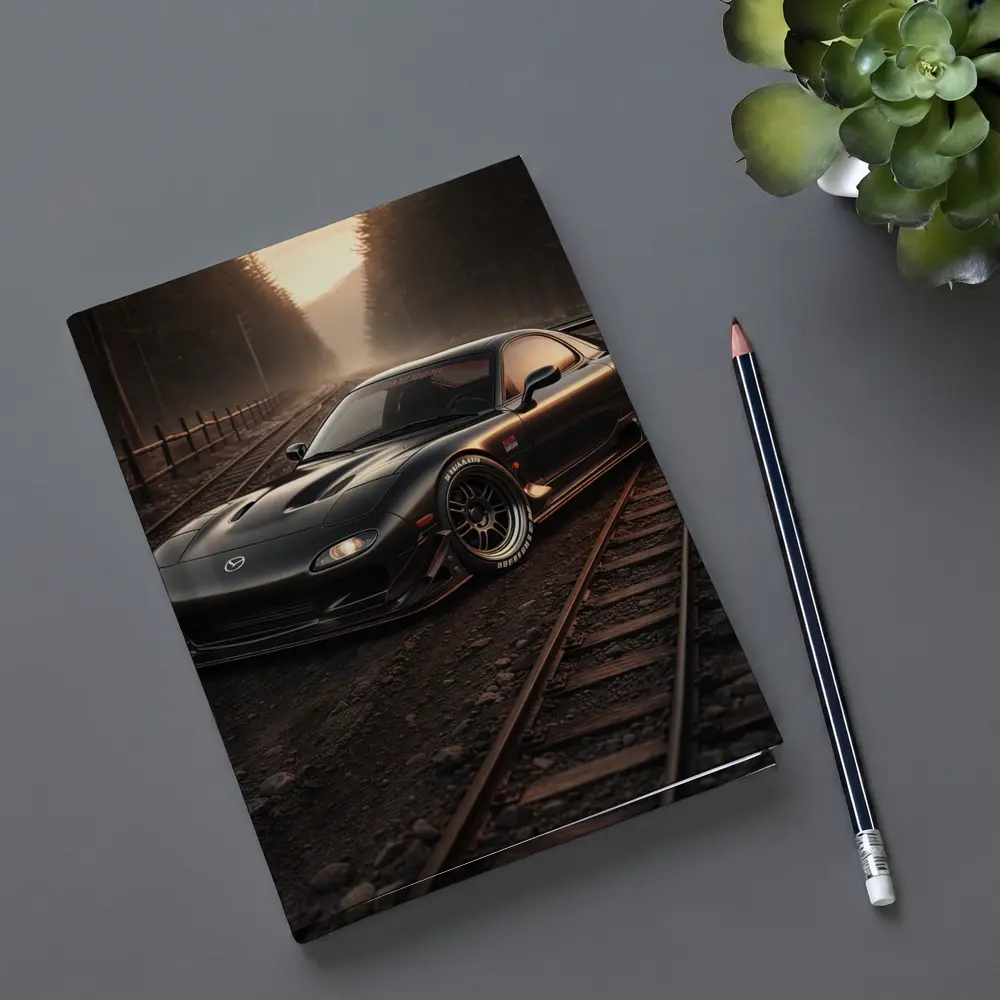 Mazda RX7 Black Car on Railroad Tracks – Notebooks