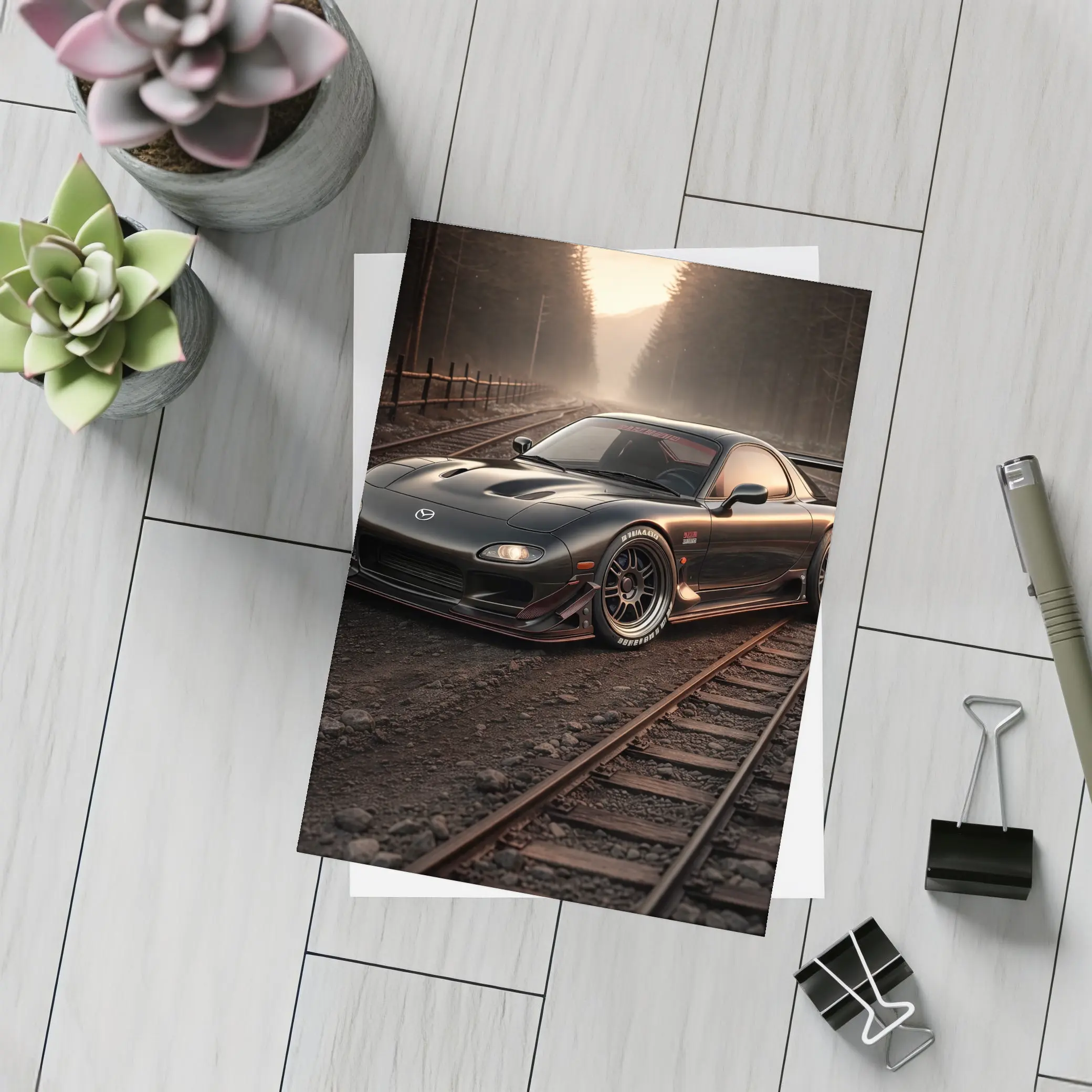 Mazda RX7 Black Car on Railroad Tracks – Postcards