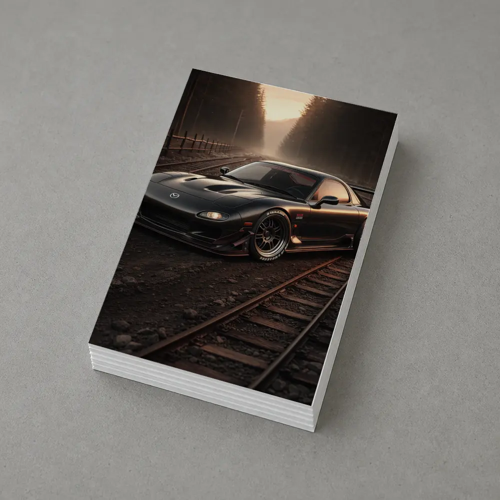 Mazda RX7 Black Car on Railroad Tracks – Postcards