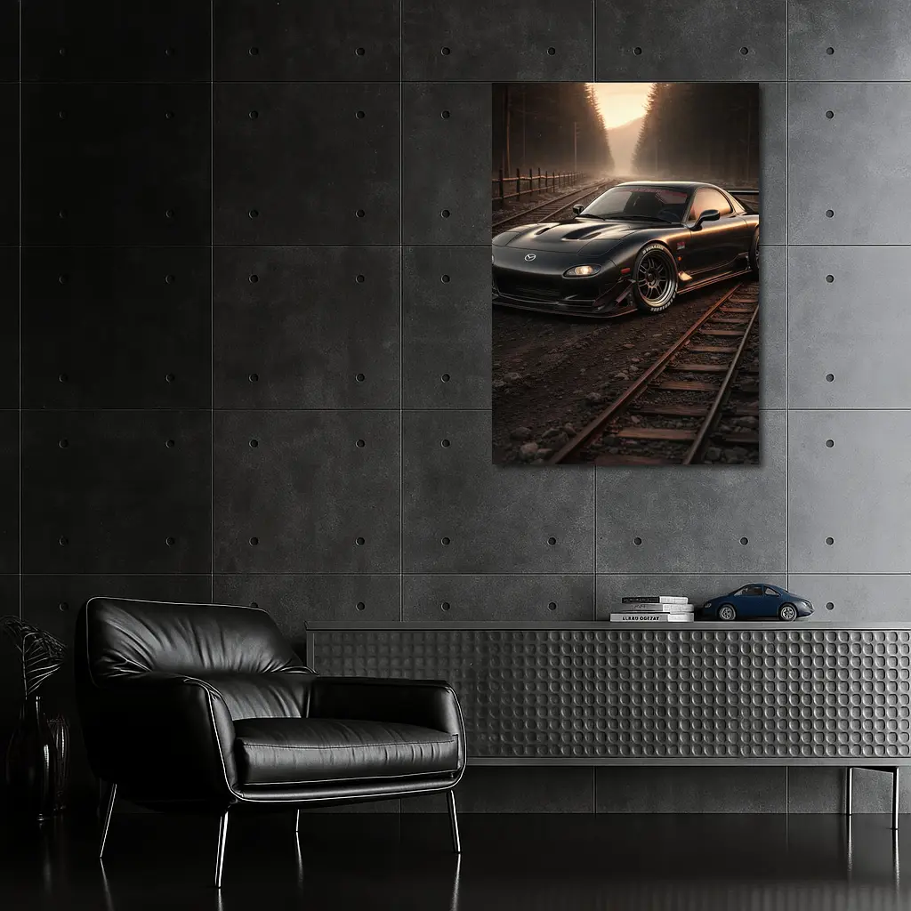 Mazda RX7 Black Car on Railroad Tracks – Wall Art