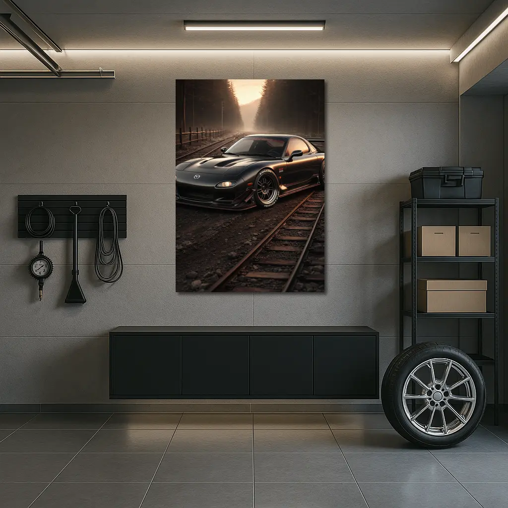 Mazda RX7 Black Car on Railroad Tracks – Wall Art