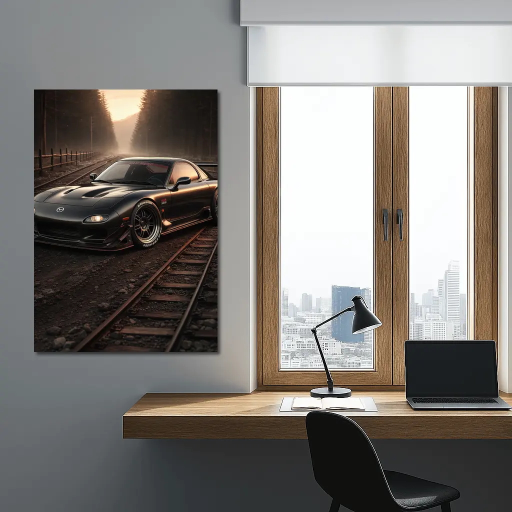Mazda RX7 Black Car on Railroad Tracks – Wall Art
