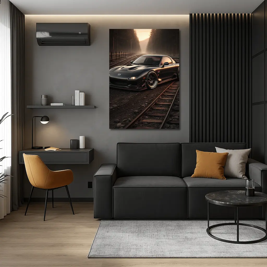 Mazda RX7 Black Car on Railroad Tracks – Wall Art