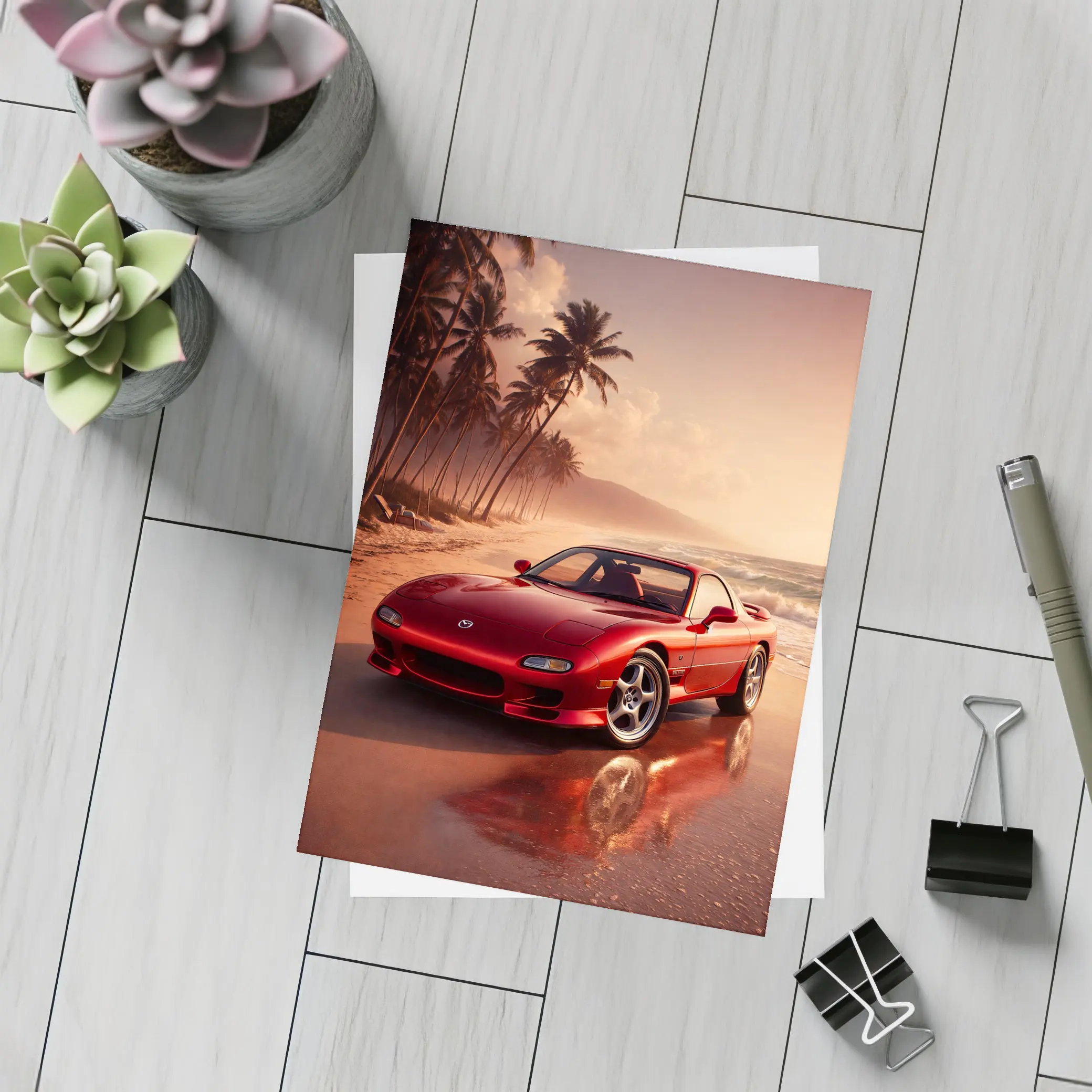 Mazda RX Seven Red Beach Sunset – Postcards
