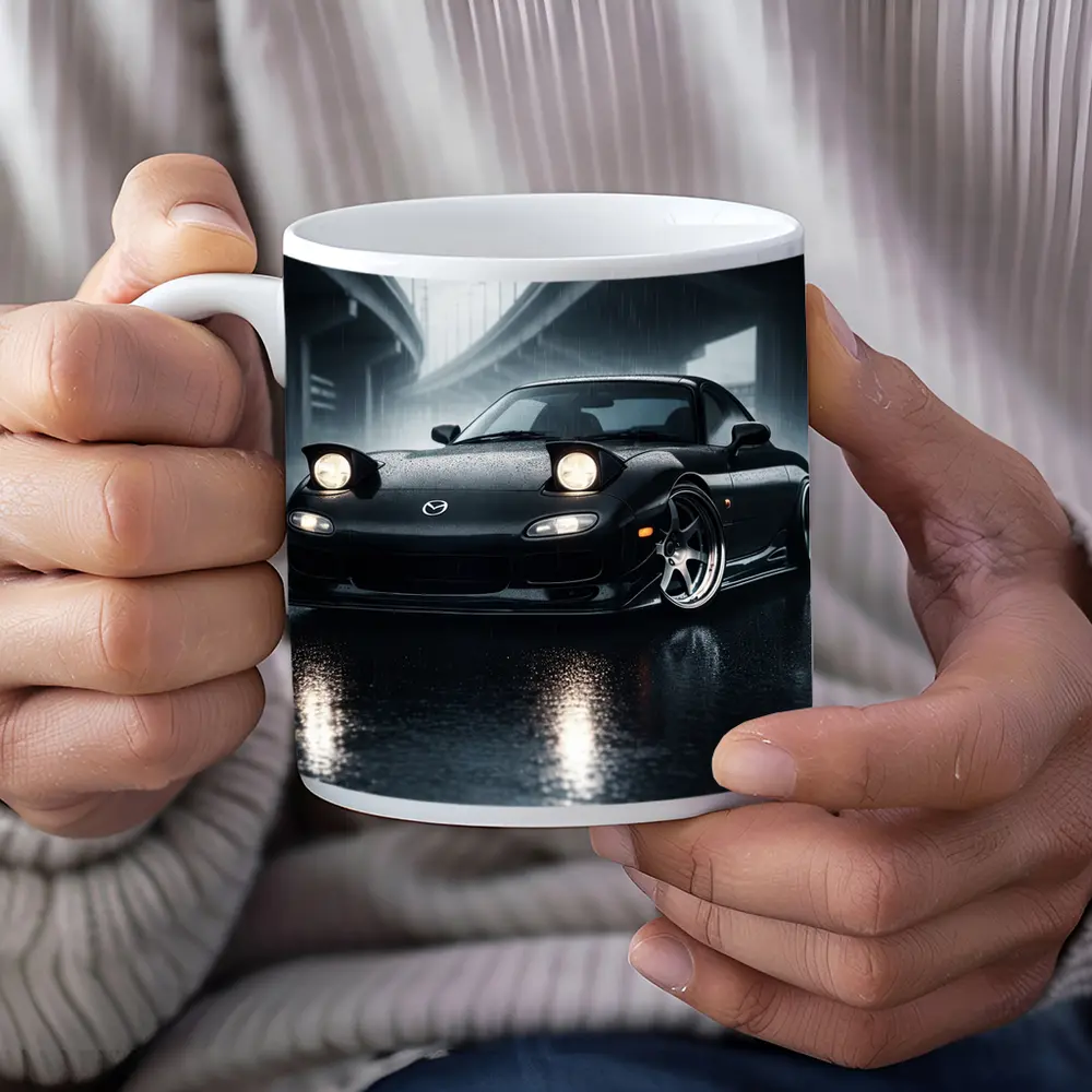 Mazda RX7 Black Sports Car Rainy Night – Mugs