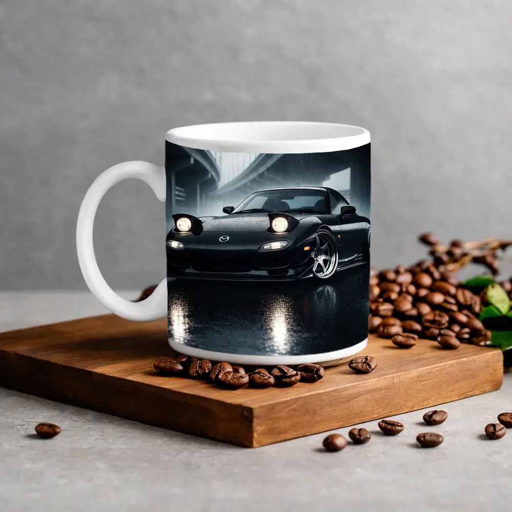 Mazda RX7 Black Sports Car Rainy Night – Mugs