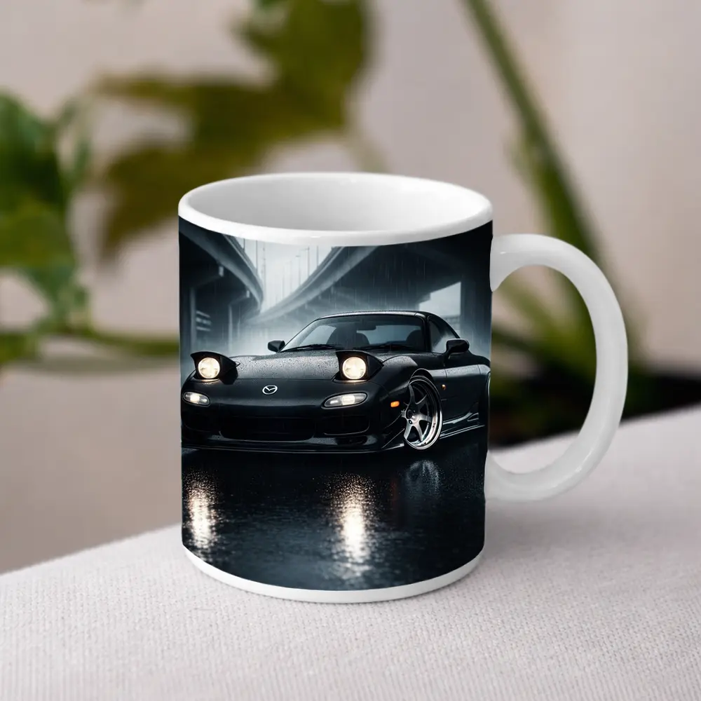 Mazda RX7 Black Sports Car Rainy Night – Mugs