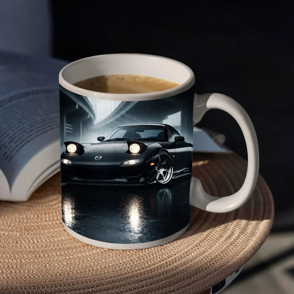 Mazda RX7 Black Sports Car Rainy Night – Mugs