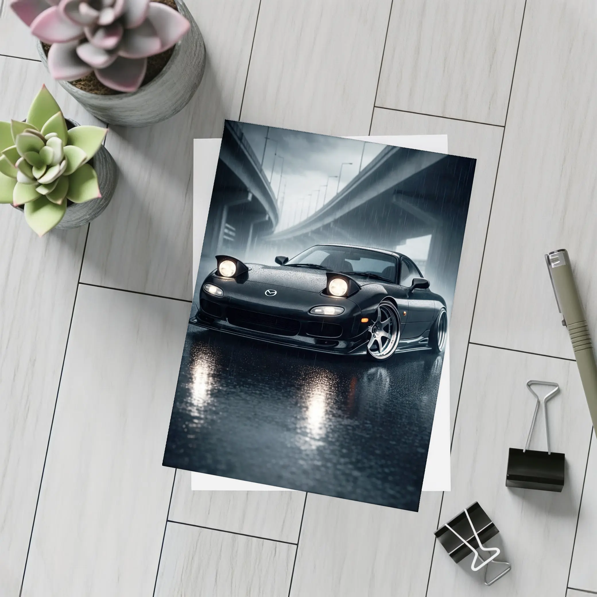 Mazda RX7 Black Sports Car Rainy Night – Postcards