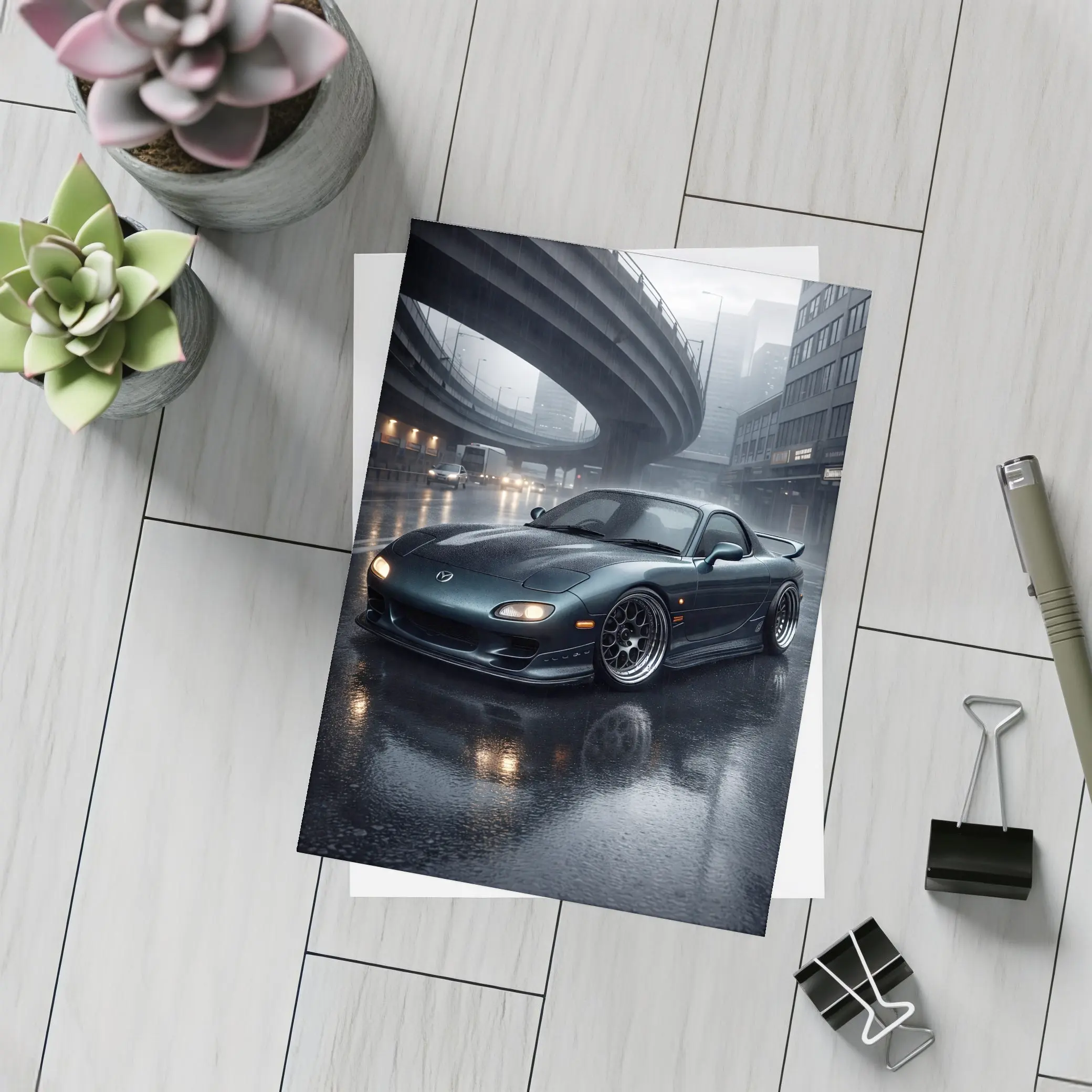 Mazda RX7 Wet City Street Rainy Night – Postcards