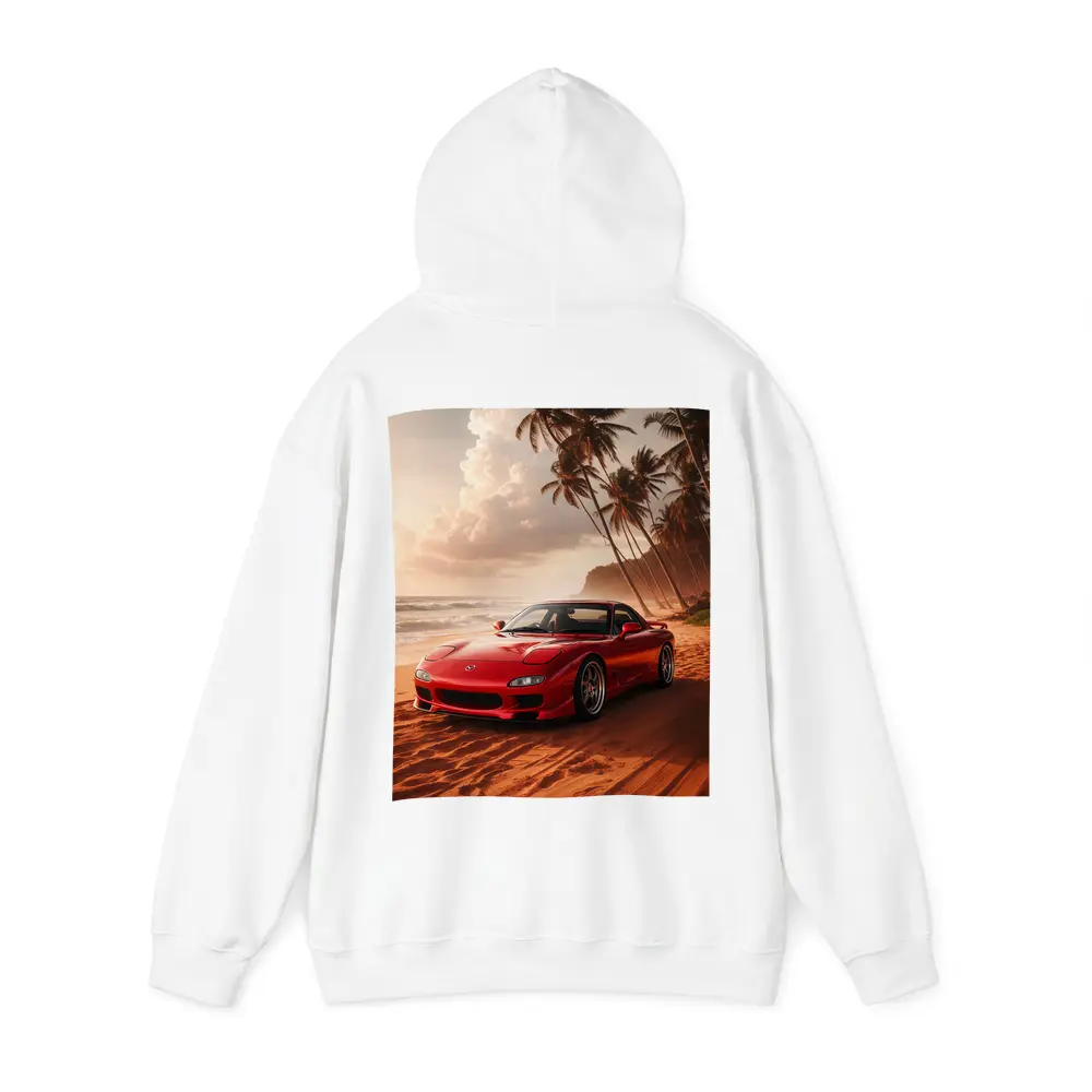 Mazda RX7 Red Sports Car Beach Setting – Hoodies