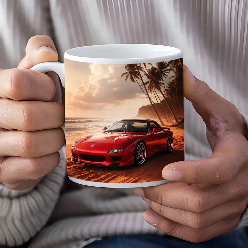 Mazda RX7 Red Sports Car Beach Setting – Mugs