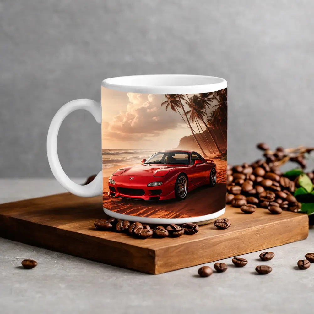 Mazda RX7 Red Sports Car Beach Setting – Mugs
