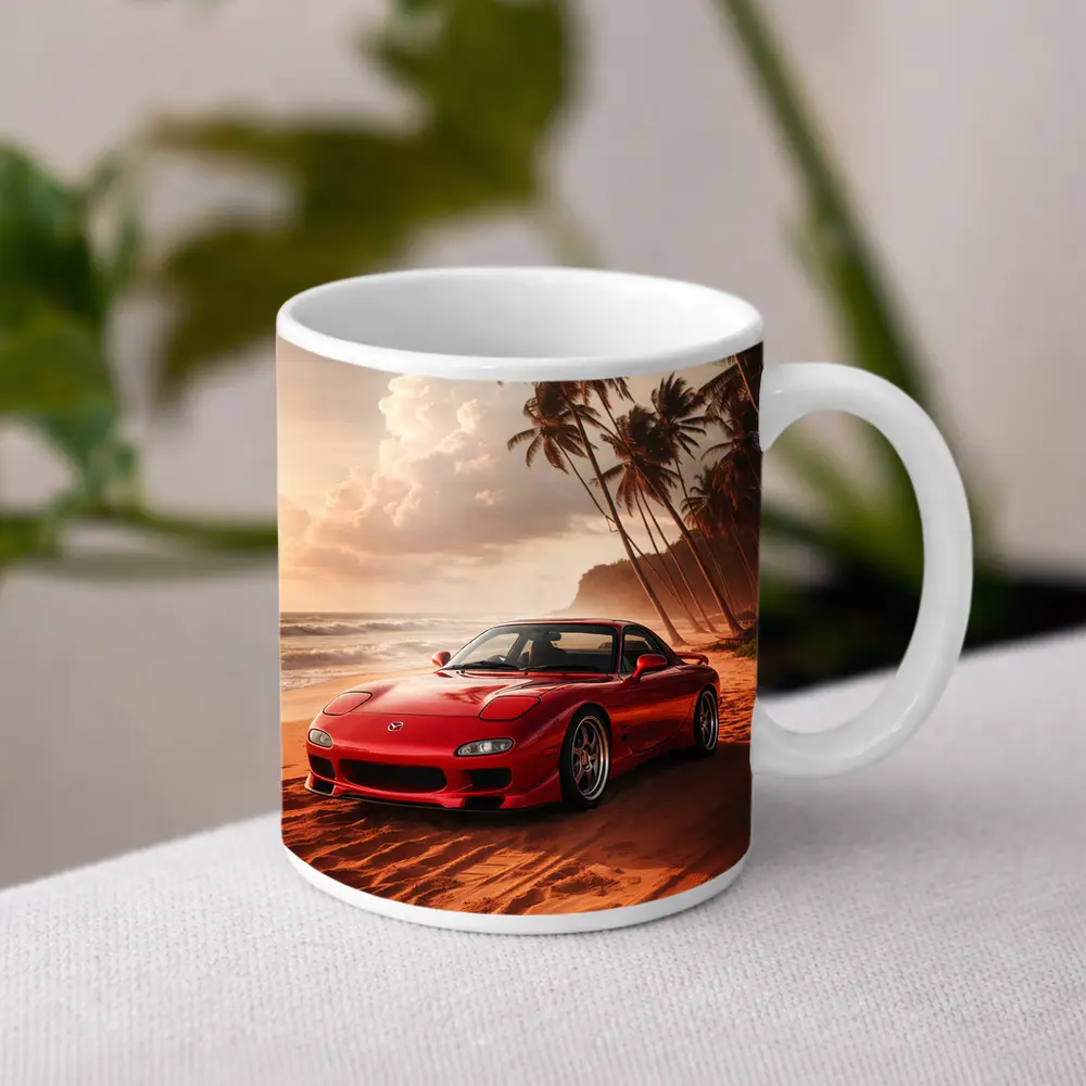 Mazda RX7 Red Sports Car Beach Setting – Mugs