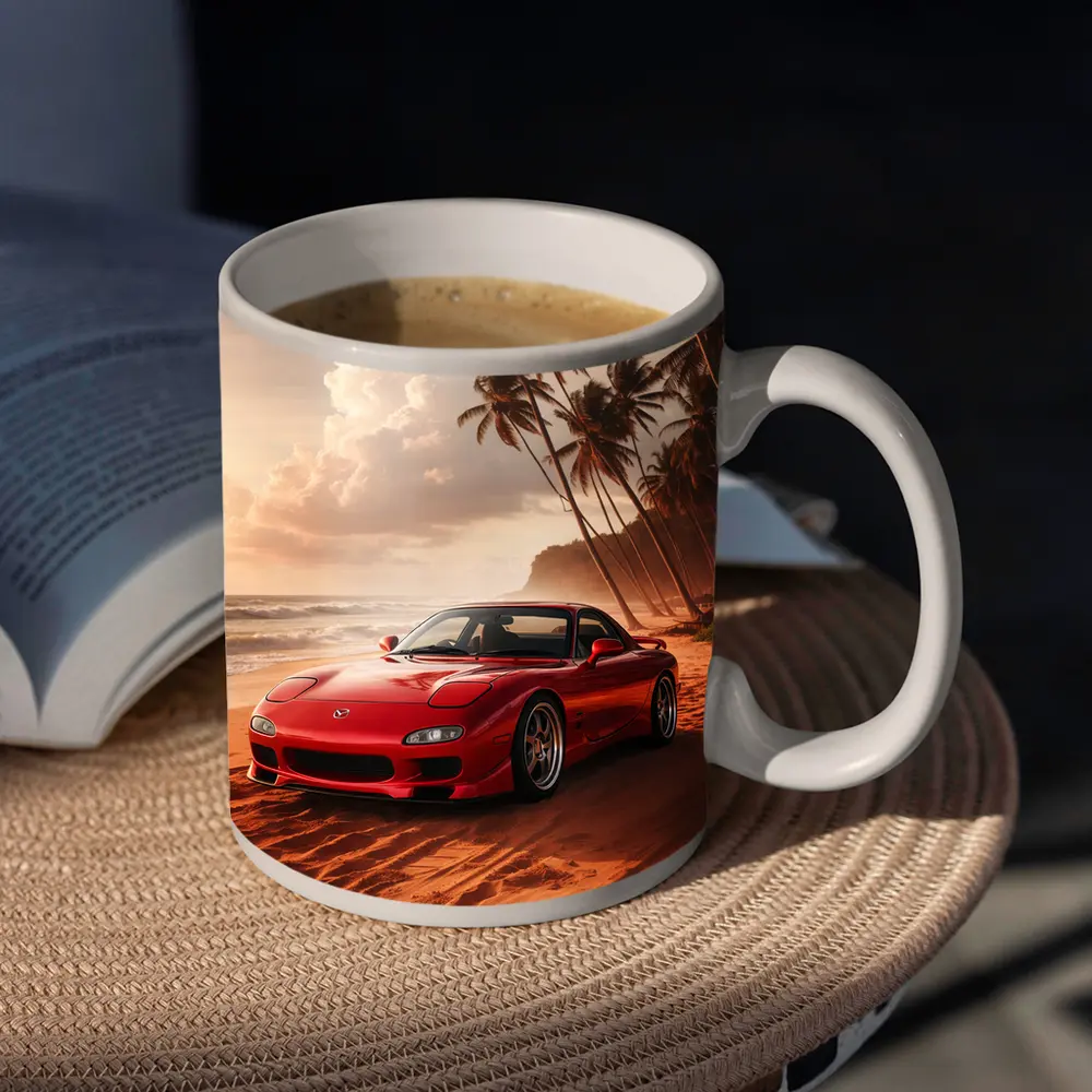 Mazda RX7 Red Sports Car Beach Setting – Mugs