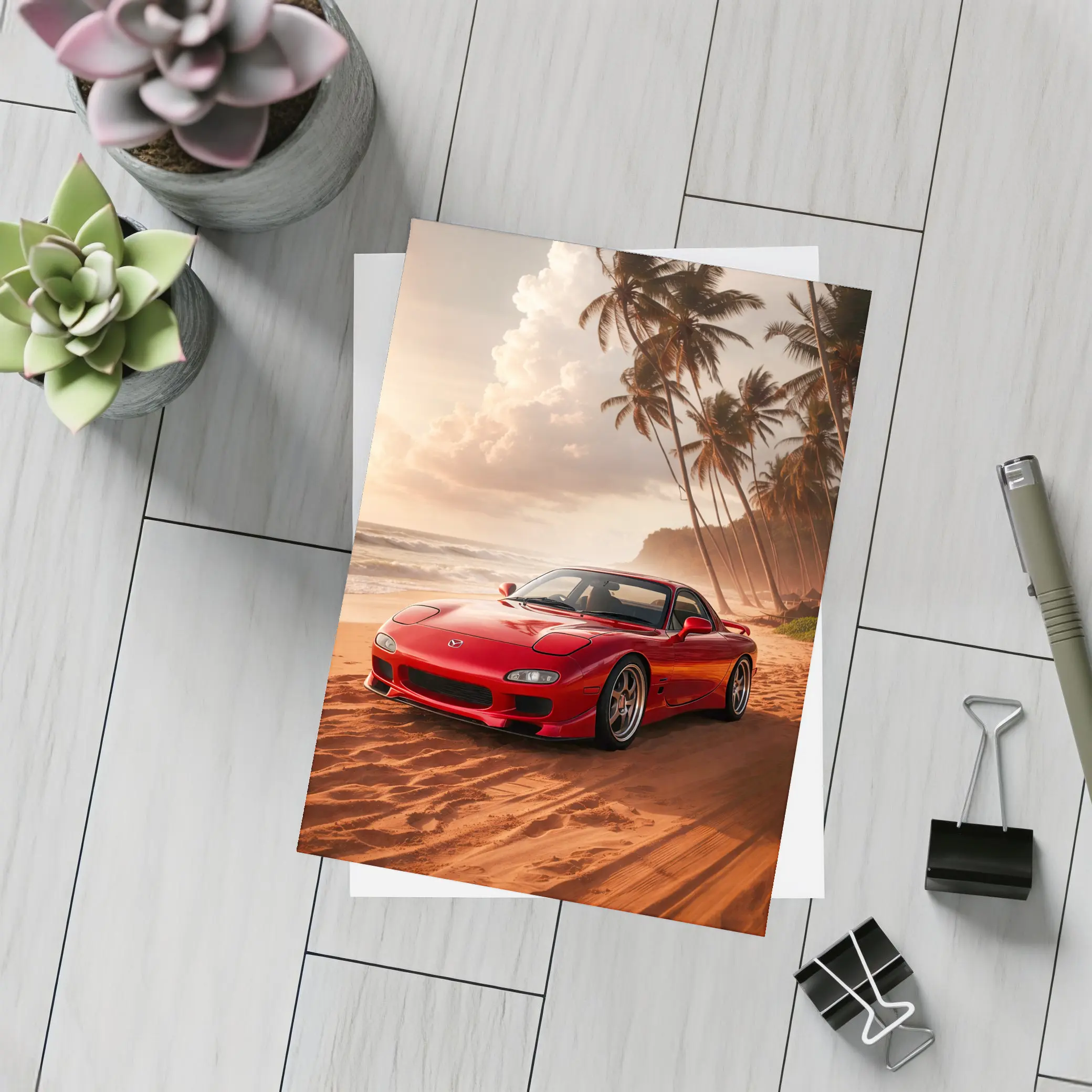 Mazda RX7 Red Sports Car Beach Setting – Postcards