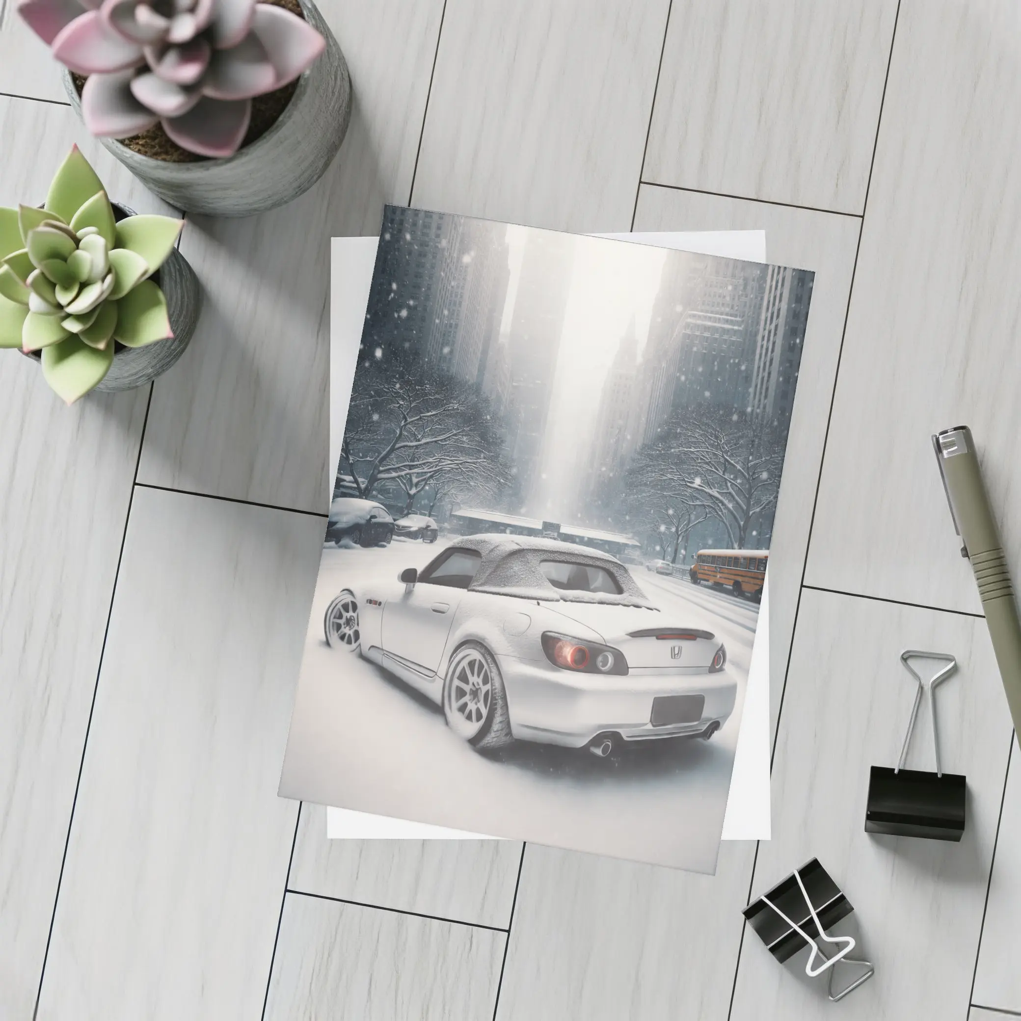 Honda S2000 Parked on Snowy City Street – Postcards