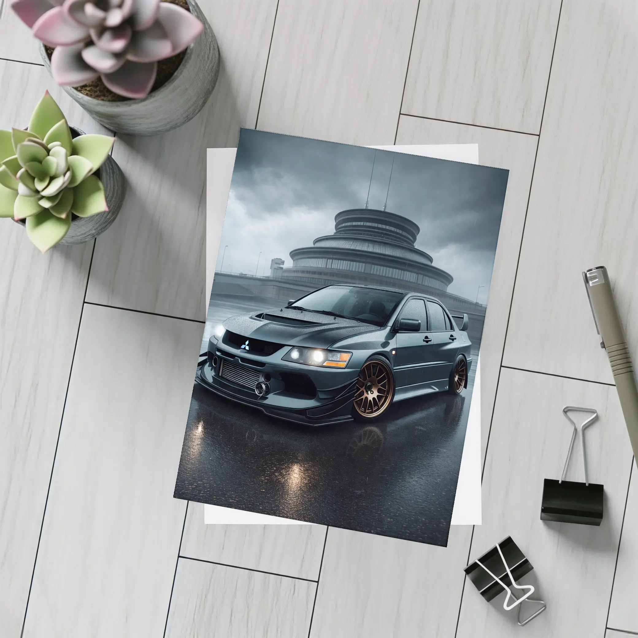 Mitsubishi Lancer Evolution Rainy Dark Skies – Postcards