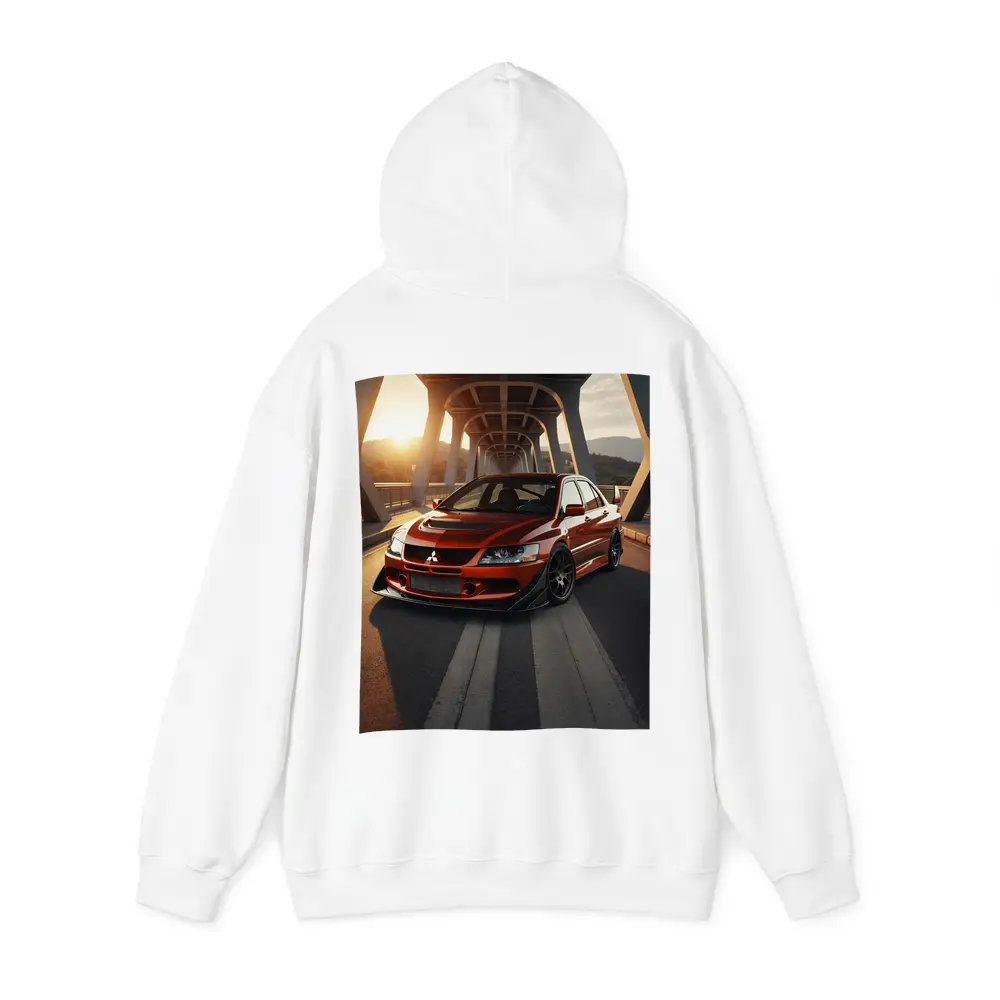 Mitsubishi Lancer Evolution Red On Bridge – Hoodies