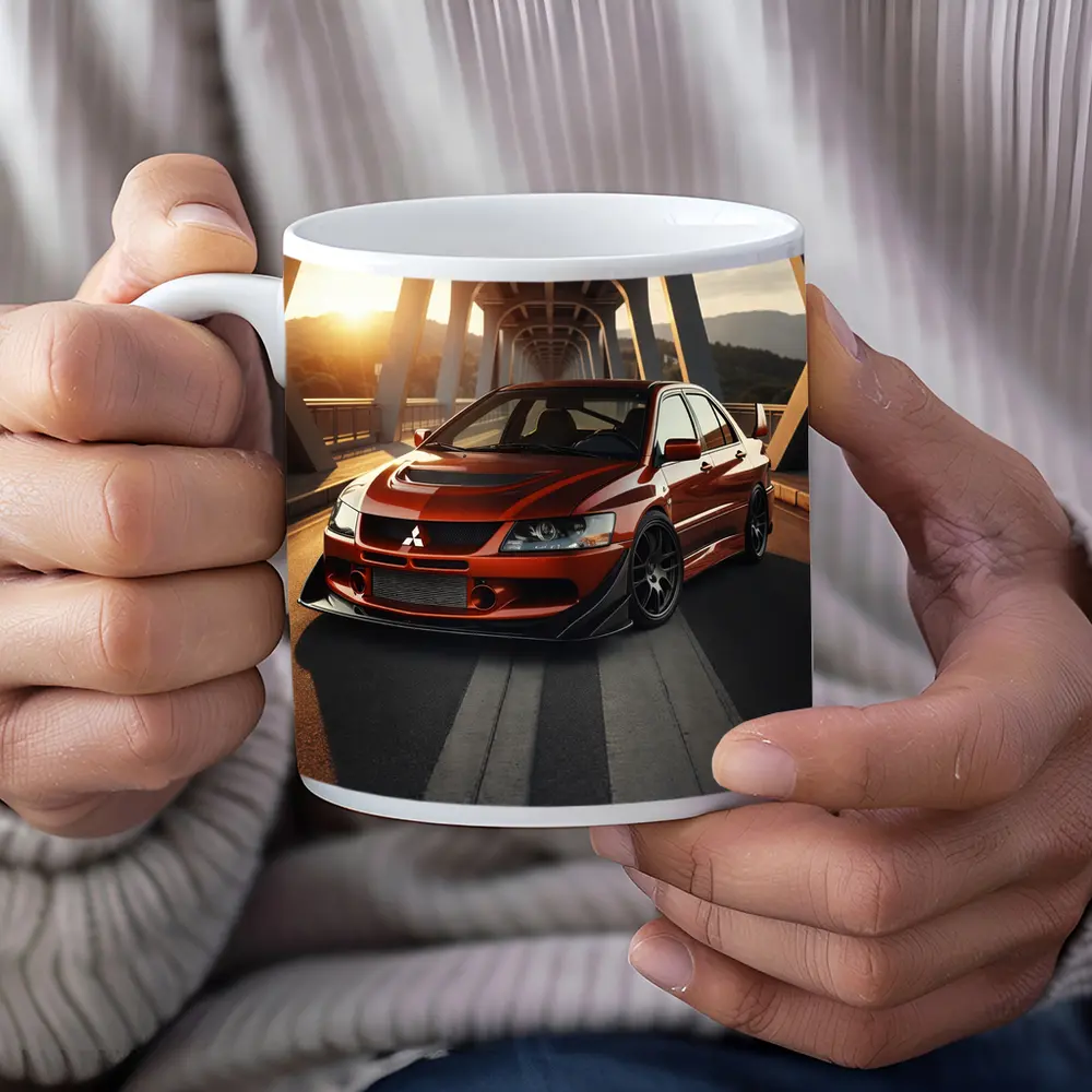 Mitsubishi Lancer Evolution Red On Bridge – Mugs