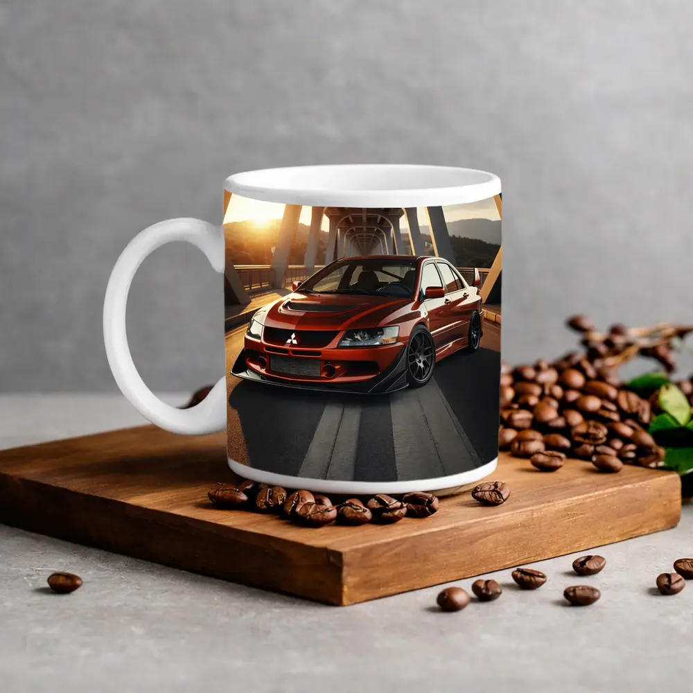 Mitsubishi Lancer Evolution Red On Bridge – Mugs