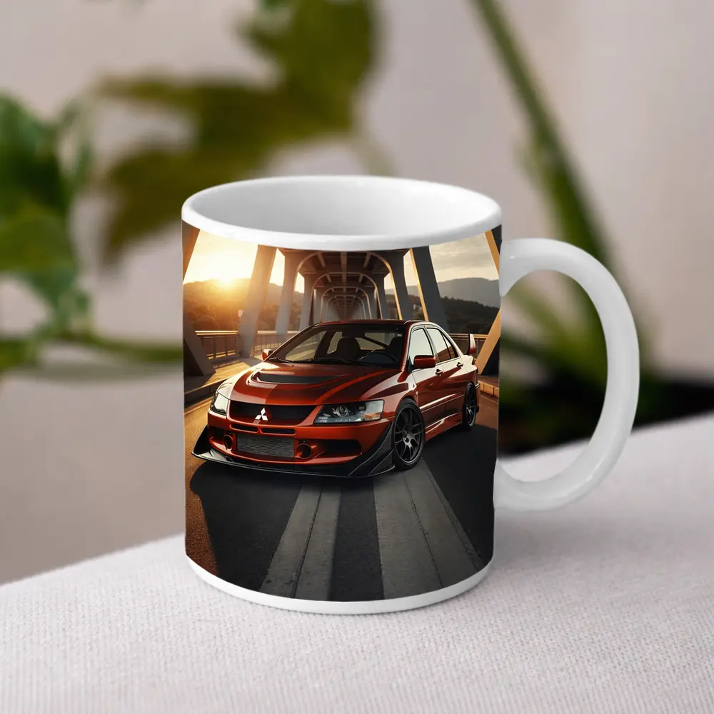 Mitsubishi Lancer Evolution Red On Bridge – Mugs