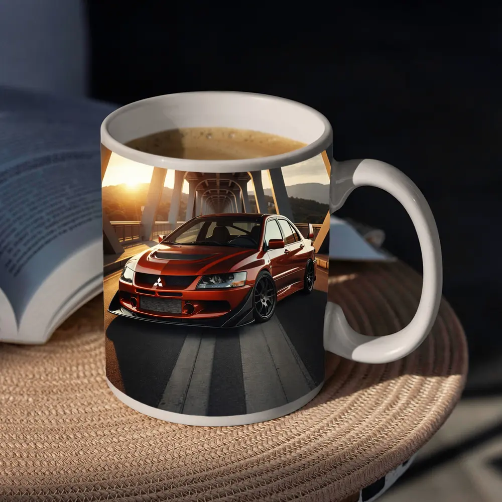 Mitsubishi Lancer Evolution Red On Bridge – Mugs