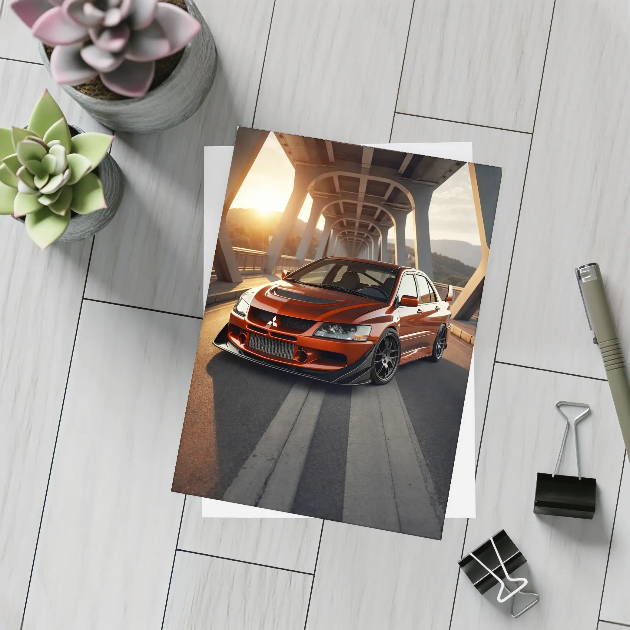 Mitsubishi Lancer Evolution Red On Bridge – Postcards
