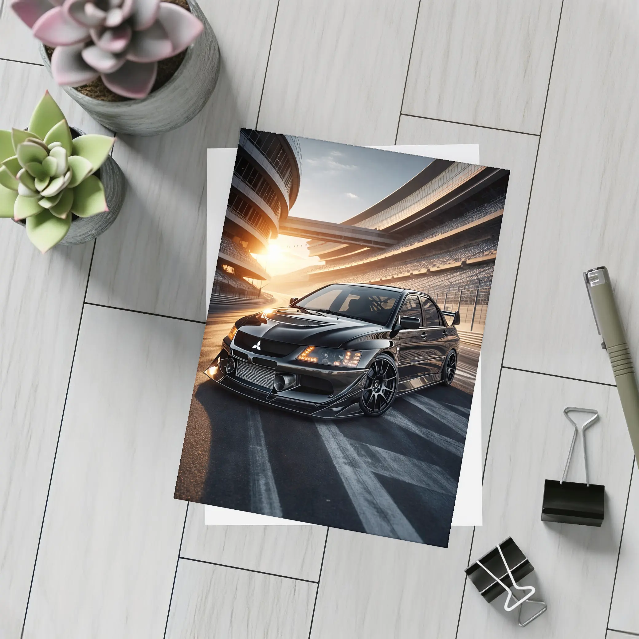 Mitsubishi Lancer Evolution Black Track Sunset – Postcards