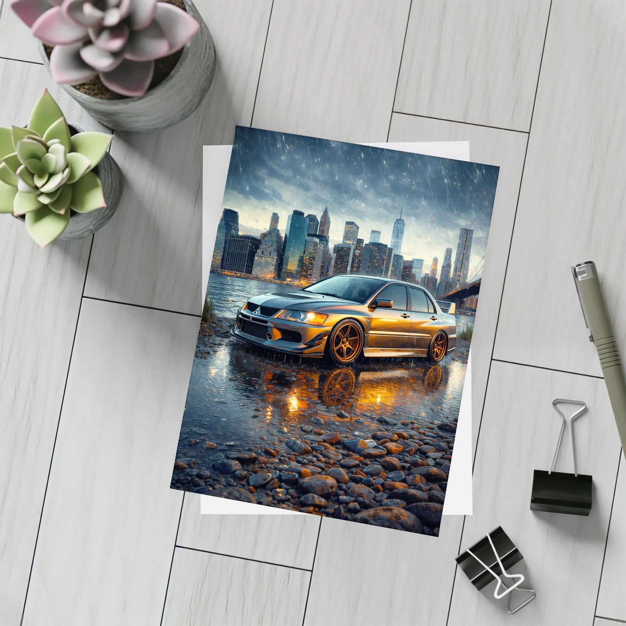 Mitsubishi Lancer Evolution Rainy City Night – Postcards