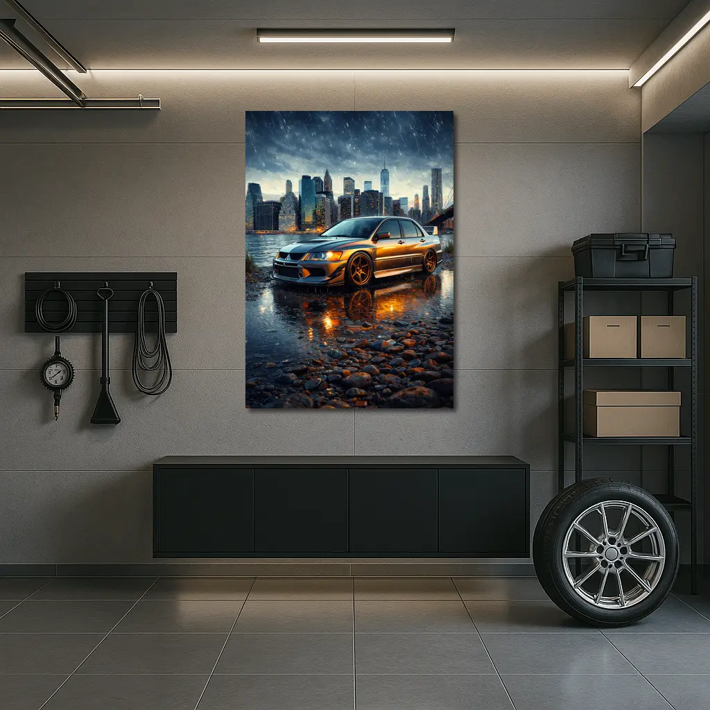 Mitsubishi Lancer Evolution Rainy City Night – Wall Art
