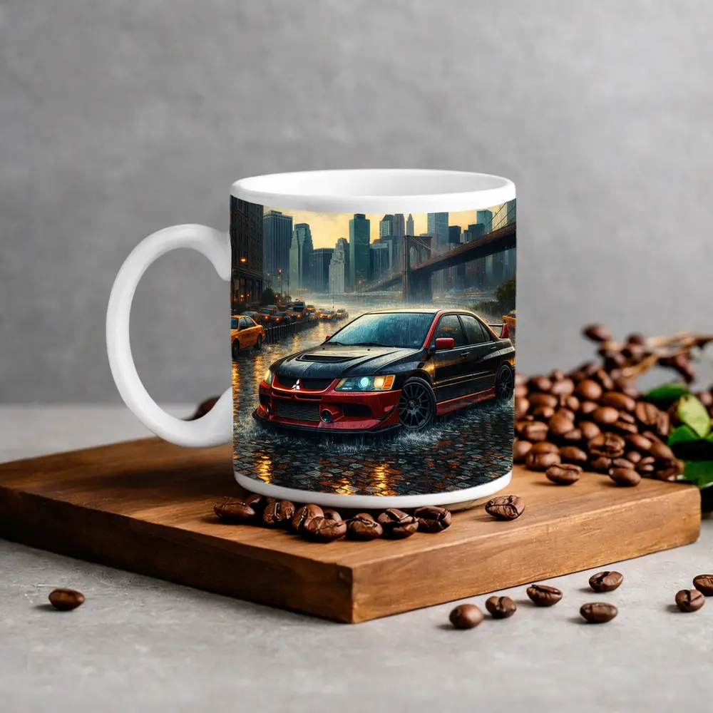 Mitsubishi Lancer Evolution Rainy City Street – Mugs