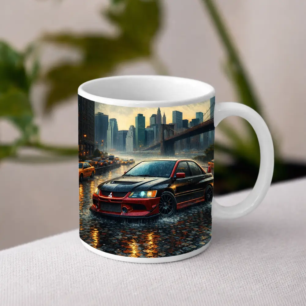 Mitsubishi Lancer Evolution Rainy City Street – Mugs