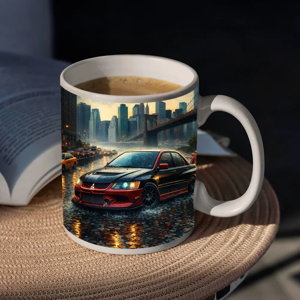 Mitsubishi Lancer Evolution Rainy City Street – Mugs