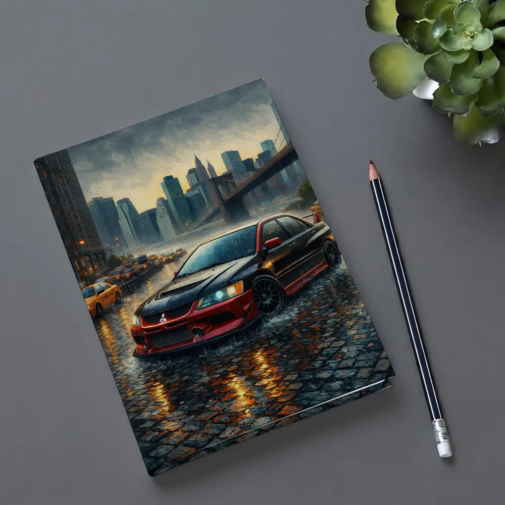 Mitsubishi Lancer Evolution Rainy City Street – Notebooks