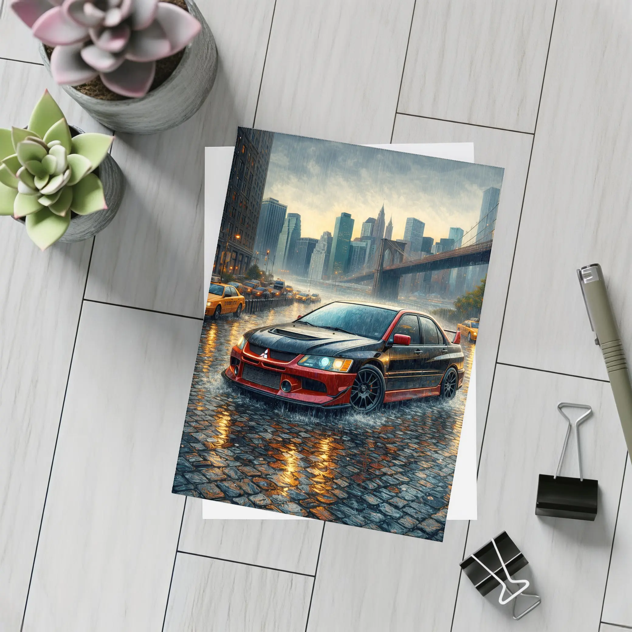 Mitsubishi Lancer Evolution Rainy City Street – Postcards