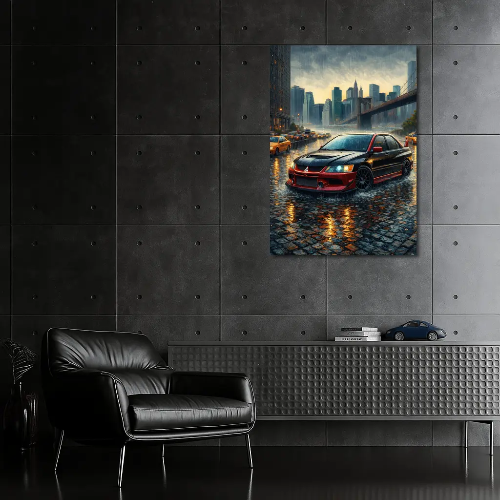Mitsubishi Lancer Evolution Rainy City Street – Wall Art