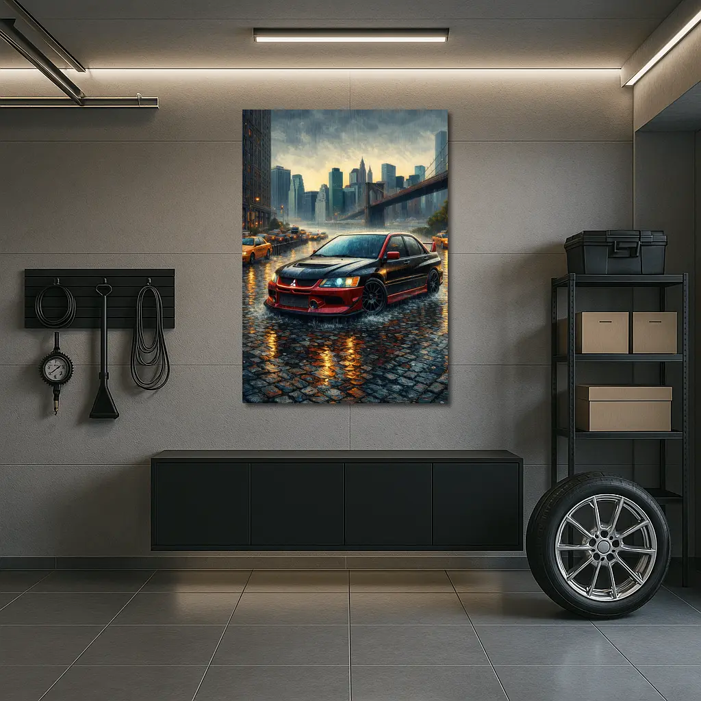 Mitsubishi Lancer Evolution Rainy City Street – Wall Art