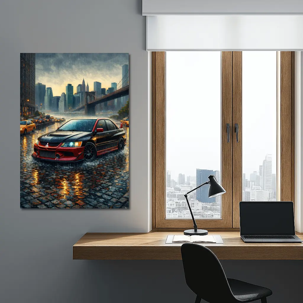Mitsubishi Lancer Evolution Rainy City Street – Wall Art