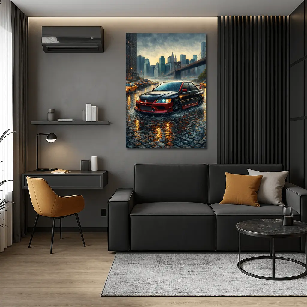 Mitsubishi Lancer Evolution Rainy City Street – Wall Art