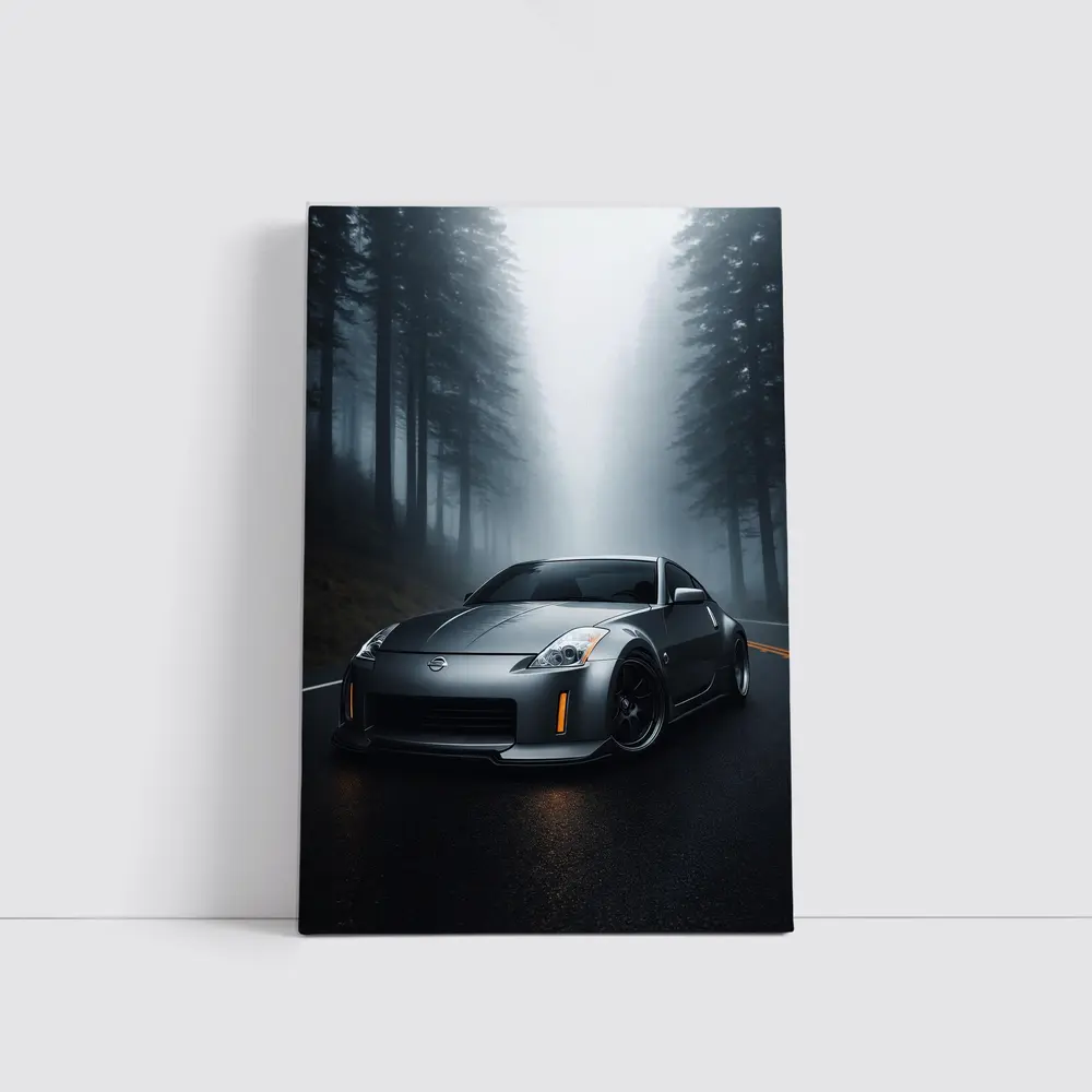 Nissan 350Z Driving Through Foggy Forest Road – Wall Art