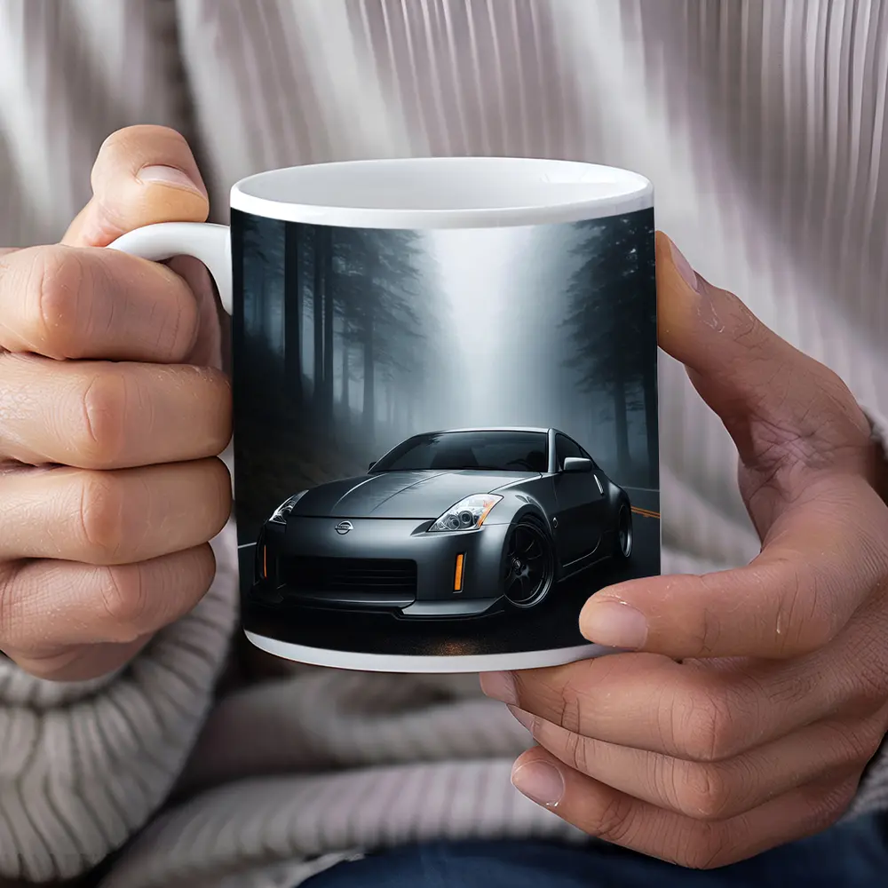 Nissan 350Z Driving Through Foggy Forest Road – Mugs